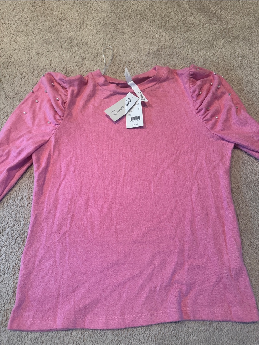 NY Collection Pink Pearl-Accent Puff Sleeve Long Sleeve Top